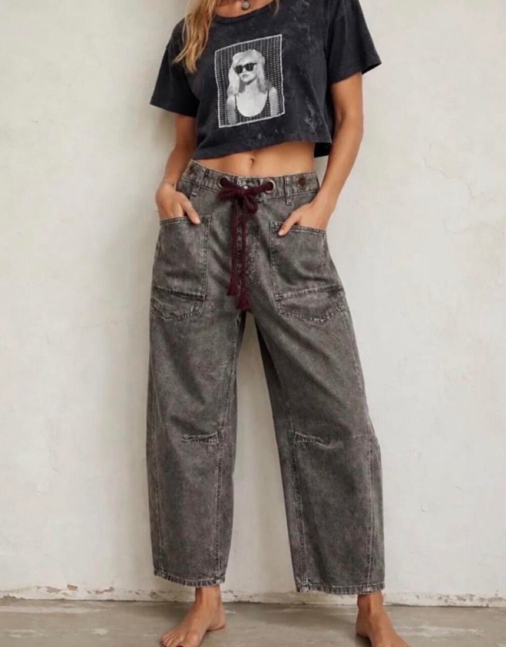 FREE PEOPLE We The Free Moxie Low-Slung Barrel Jeans Metallic Silver